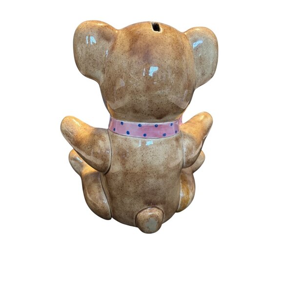 Vintage Ceramic Brown Teddy Bear Bank / Decoration Pink Bow 11" - Picture 4 of 9
